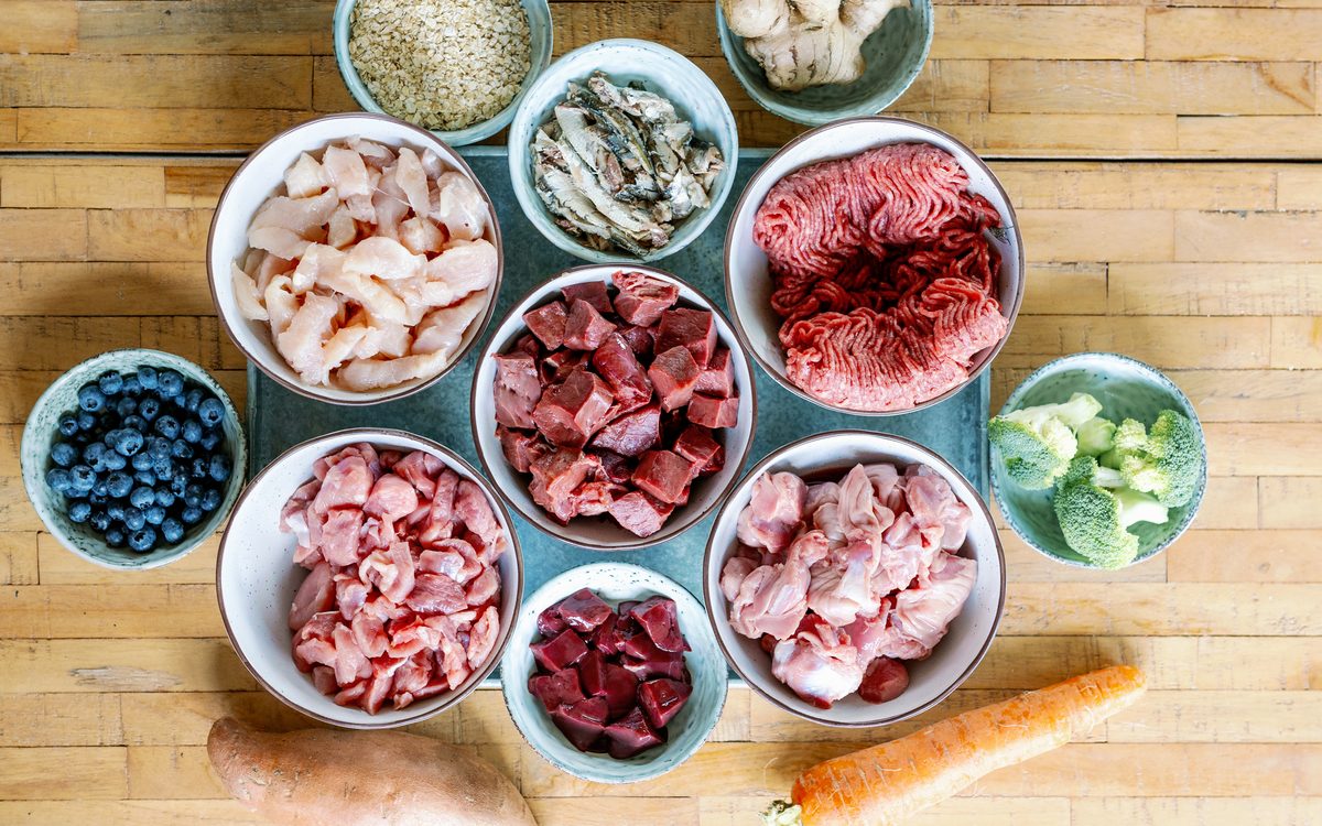Bowls of fresh meat, fish, oats, blueberries and vegetables arranged on a wooden board