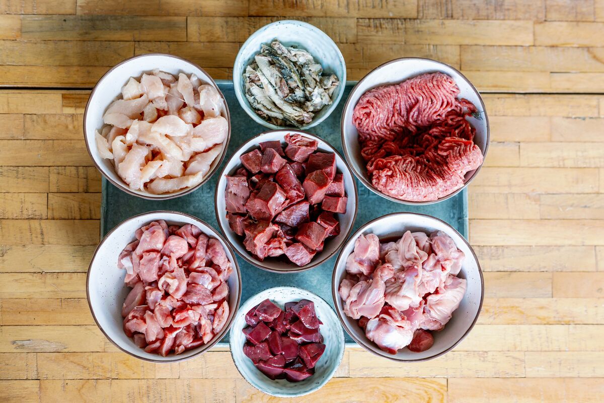 Bowls of raw meat, organ meat and small fish arranged from above